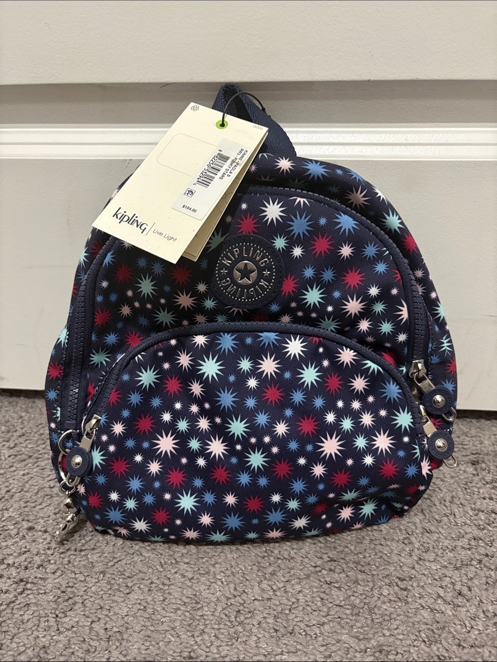 Kipling Navy Starburst Pattern Mini Backpack with Multicolor Accents